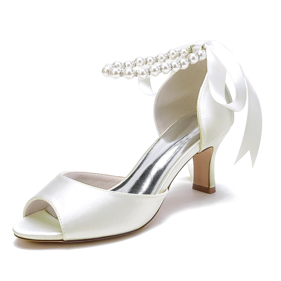 Women's Silk Satin With Lace-up Ankle Strap Pearl Peep Toe Spool Heel Party Shoes