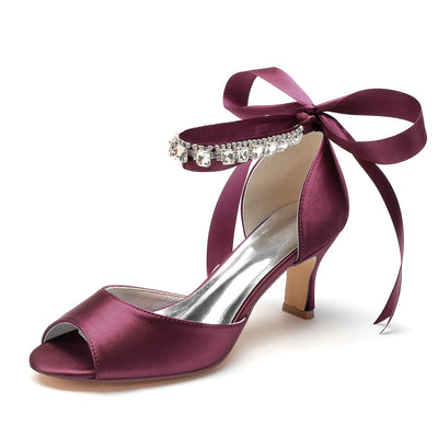 Women's Silk Satin With Ankle Strap Lace-up Rhinestone Peep Toe Spool Heel Wedding Shoes