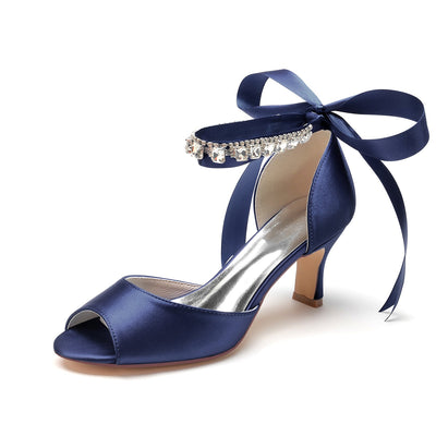 Women's Silk Satin With Ankle Strap Lace-up Rhinestone Peep Toe Spool Heel Wedding Shoes