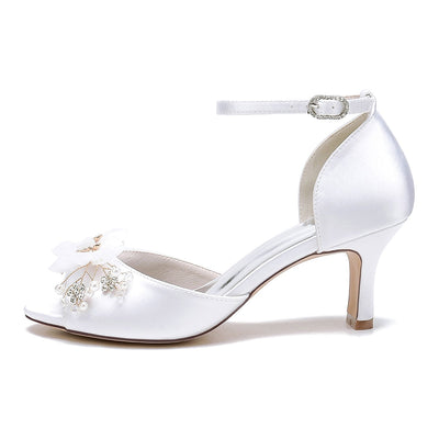 Women's Silk Satin With Ankle Strap Flower Peep Toe Stiletto Heel Wedding Shoes