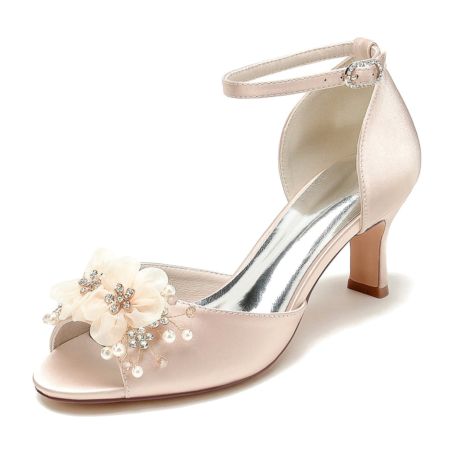 Women's Silk Satin With Ankle Strap Flower Peep Toe Stiletto Heel Wedding Shoes