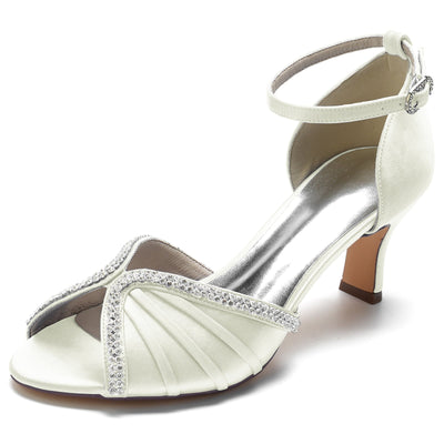 Women's Ankle Strap Silk Satin With Rhinestone Peep Toe Spool Heel Wedding Shoes