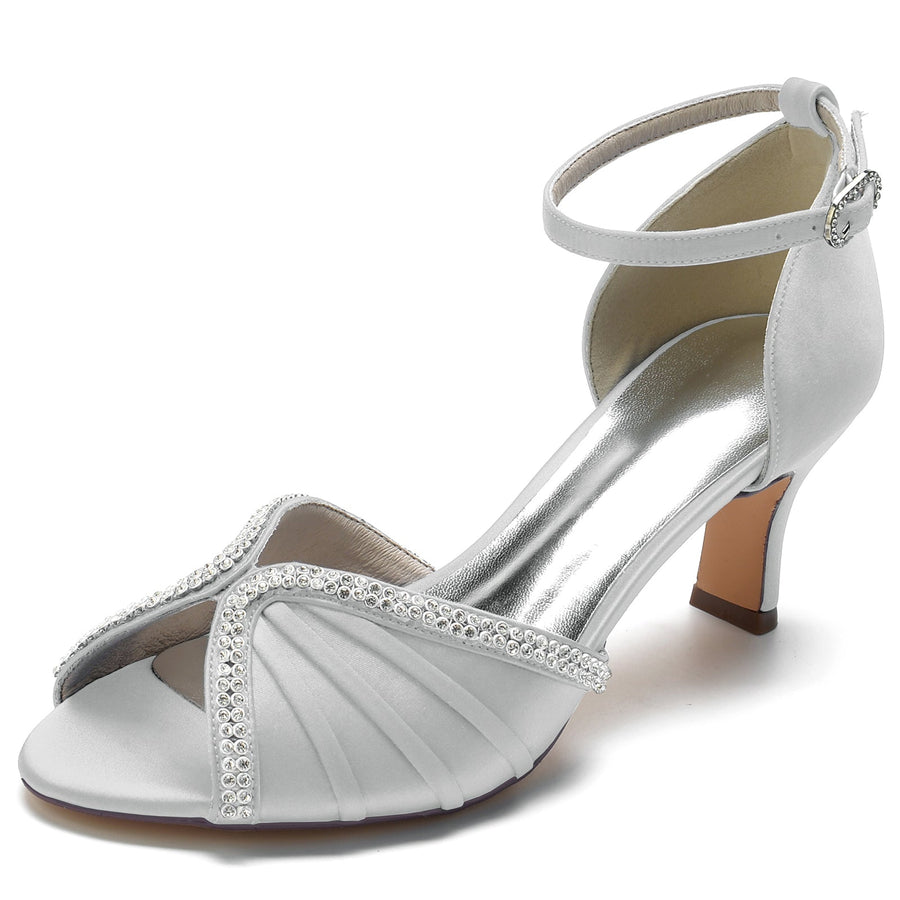 Women's Ankle Strap Silk Satin With Rhinestone Peep Toe Spool Heel Wedding Shoes