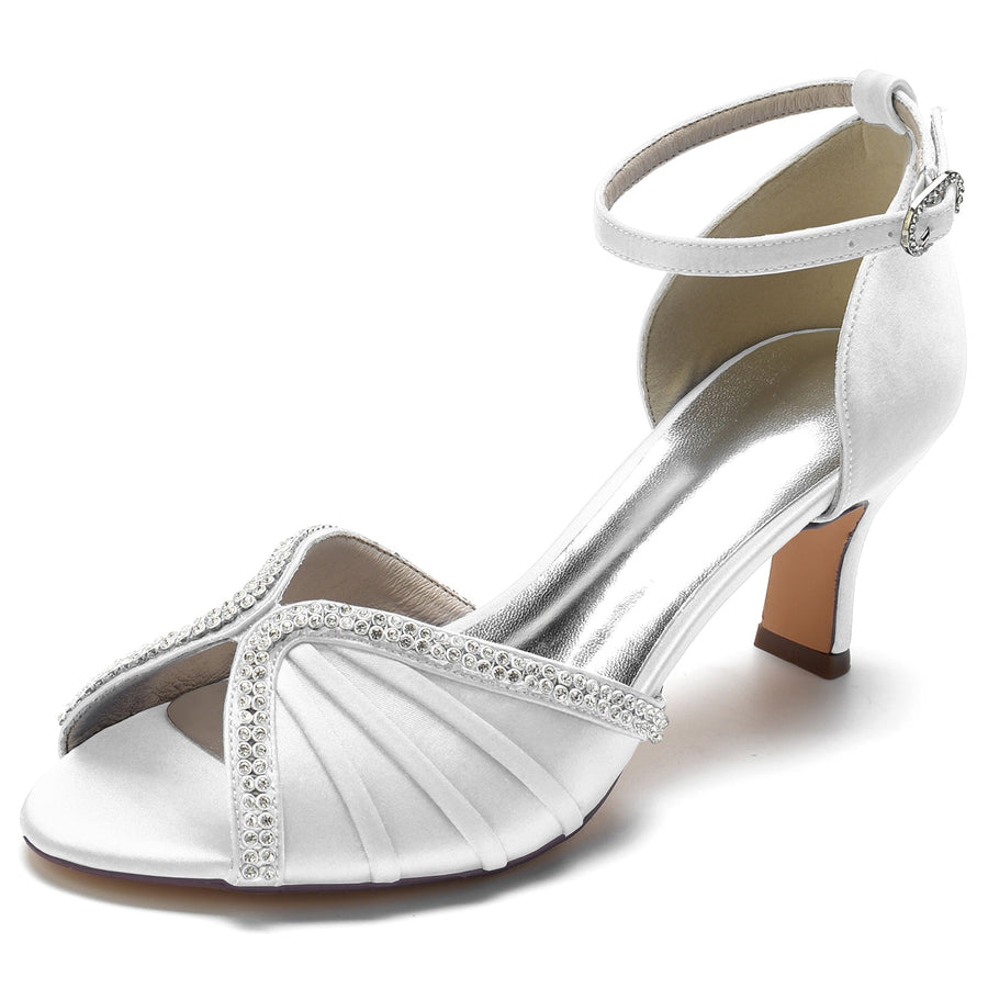 Women's Ankle Strap Silk Satin With Rhinestone Peep Toe Spool Heel Wedding Shoes