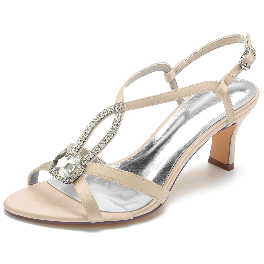 Women's Silk Satin With Rhinestone Ankle Strap Peep Toe Spool Heel Wedding Shoes