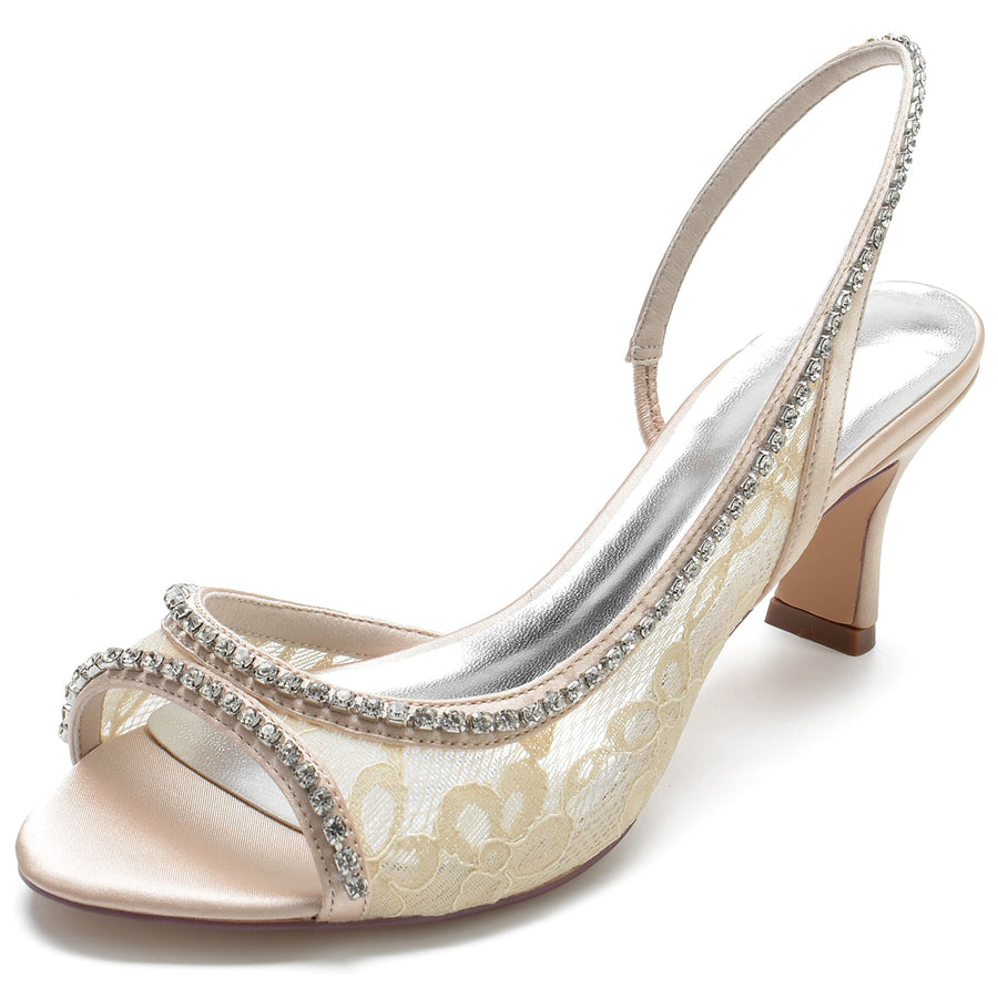 Women's Silk Satin With Lace Rhinestone Peep Toe Spool Heel Wedding Shoes