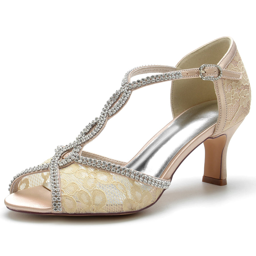 Women's Lace Silk Satin With Ankle Strap Lace Rhinestone Peep Toe Spool Heel Evening Shoes