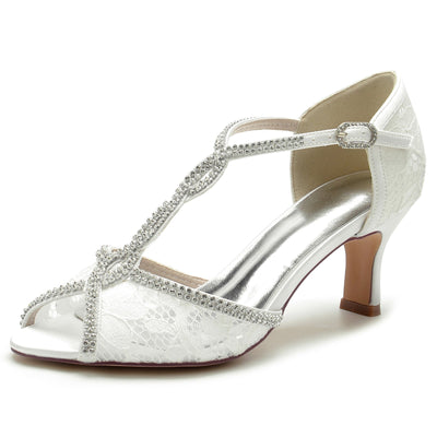 Women's Lace Silk Satin With Ankle Strap Lace Rhinestone Peep Toe Spool Heel Evening Shoes