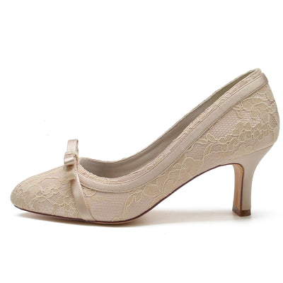 Women's Lace Silk Satin With Bowknot Lace Closed Toe Spool Heel Wedding Shoes