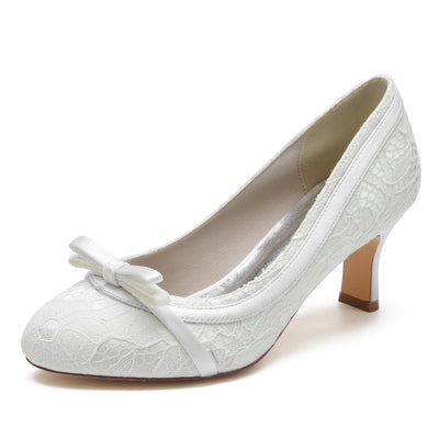 Women's Lace Silk Satin With Bowknot Lace Closed Toe Spool Heel Wedding Shoes