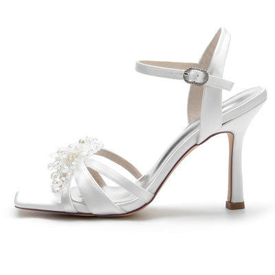 Women's Silk Satin With Ankle Strap Peep Toe Stiletto Heel Rhinestone Evening Shoes