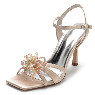 Women's Silk Satin With Ankle Strap Peep Toe Stiletto Heel Rhinestone Evening Shoes