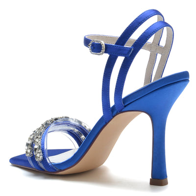 Women's Silk Satin Ankle Strap With Rhinestone Peep Toe Stiletto Heel Party Shoes