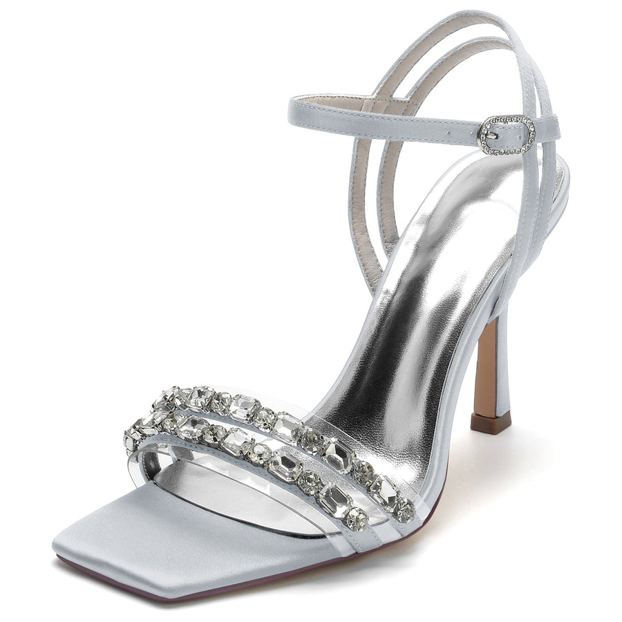 Women's Silk Satin Ankle Strap With Rhinestone Peep Toe Stiletto Heel Party Shoes