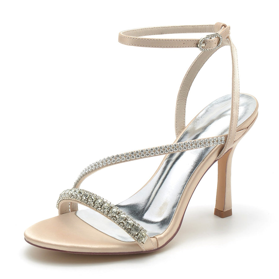 Women's Silk Satin Ankle Strap With Rhinestone Peep Toe Stiletto Heel Evening Shoes