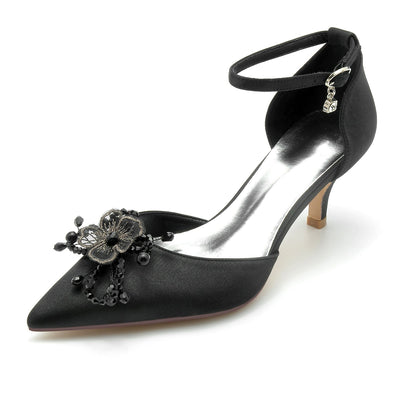 Women's Silk Satin With Ankle Strap Bowknot Rhinestone Closed Toe Stiletto Heel Wedding Shoes