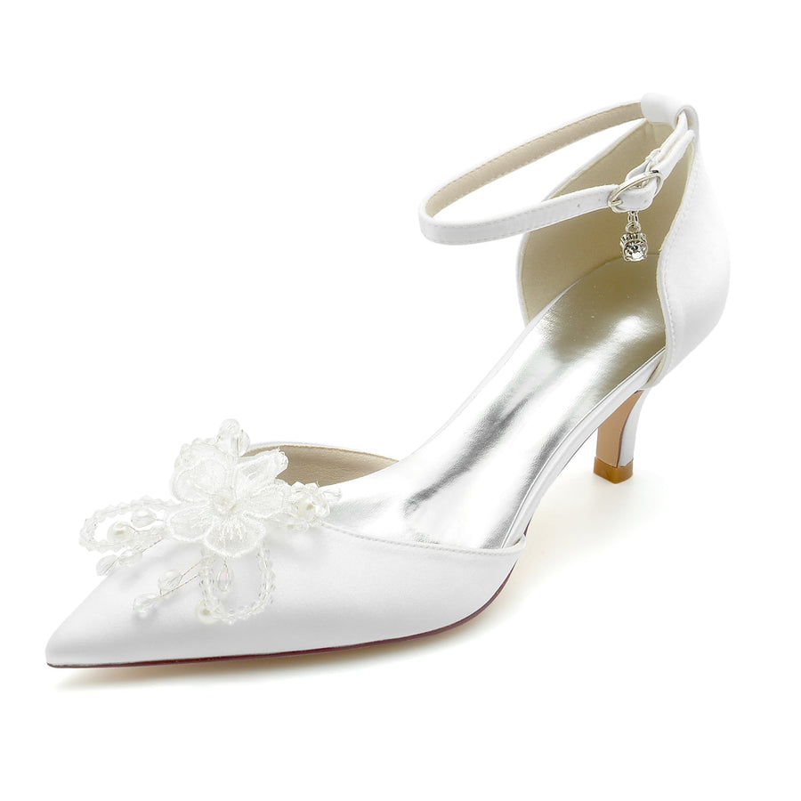 Women's Silk Satin With Ankle Strap Bowknot Rhinestone Closed Toe Stiletto Heel Wedding Shoes