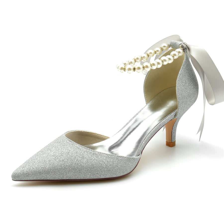 Women's Glitter With Ankle Strap Lace-up Pearl Closed Toe Stiletto Heel Evening Shoes