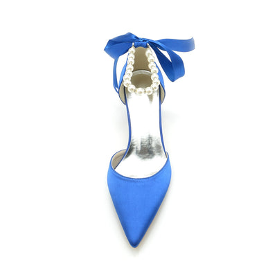 Women's Silk Satin With Lace-up Pearl Ankle Strap Closed Toe Stiletto Heel Party Shoes