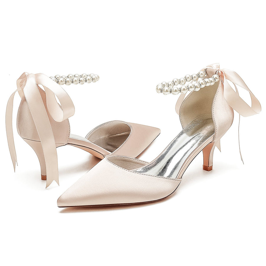 Women's Silk Satin With Lace-up Pearl Closed Toe Ankle Strap Stiletto Heel Wedding Shoes