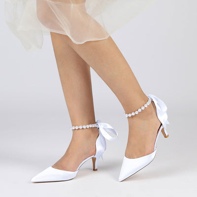 Women's Silk Satin With Lace-up Pearl Closed Toe Ankle Strap Stiletto Heel Wedding Shoes