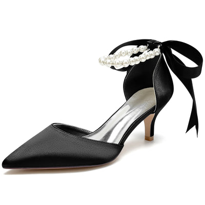 Women's Silk Satin With Lace-up Pearl Closed Toe Ankle Strap Stiletto Heel Wedding Shoes