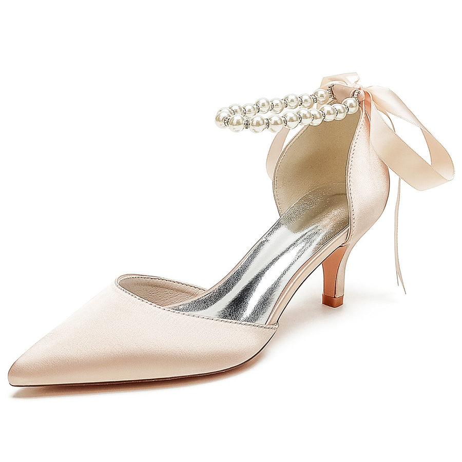 Women's Silk Satin With Lace-up Pearl Closed Toe Ankle Strap Stiletto Heel Wedding Shoes