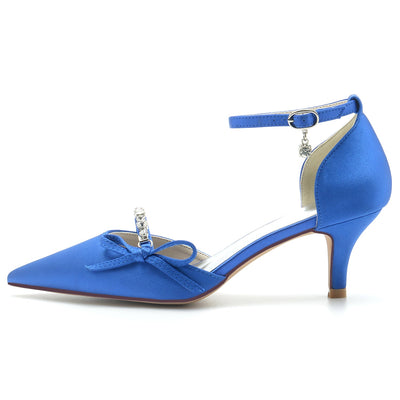 Women's Silk Satin With Ankle Strap Bowknot Rhinestone Closed Toe Stiletto Heel Evening Shoes