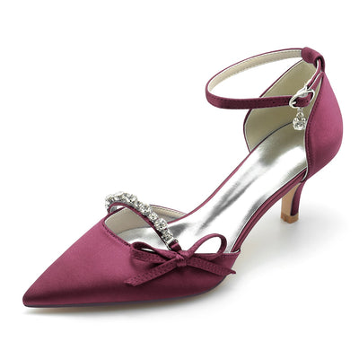 Women's Silk Satin With Ankle Strap Bowknot Rhinestone Closed Toe Stiletto Heel Evening Shoes