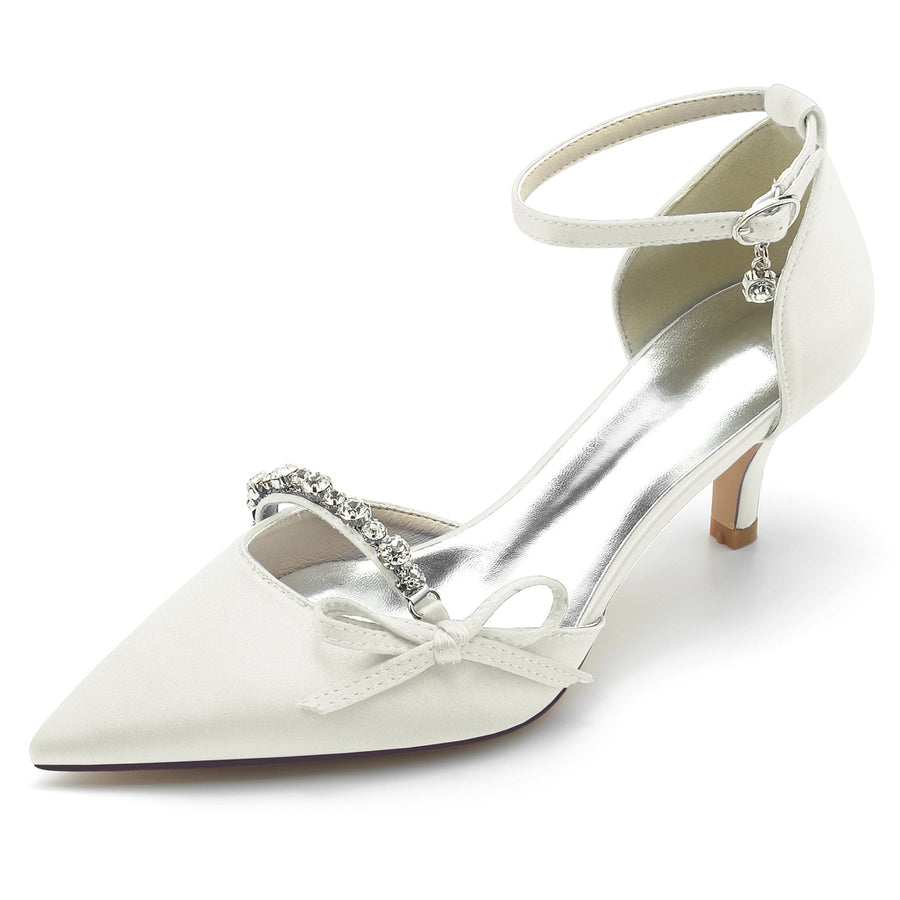 Women's Silk Satin With Ankle Strap Bowknot Rhinestone Closed Toe Stiletto Heel Evening Shoes