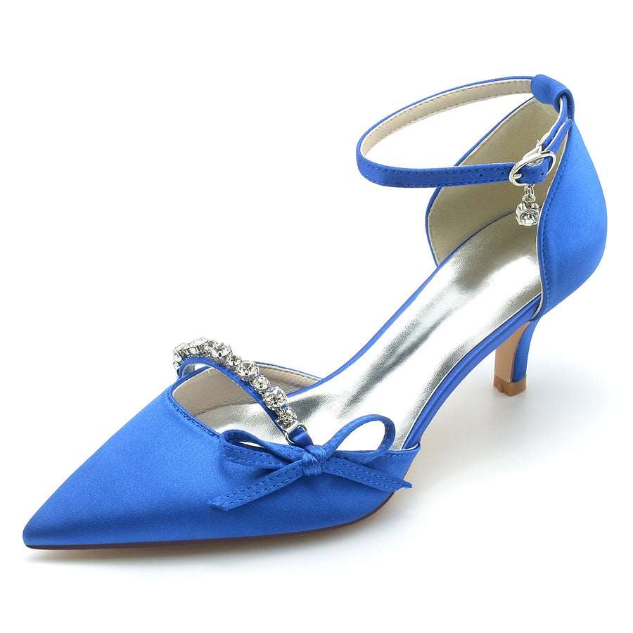 Women's Silk Satin With Ankle Strap Bowknot Rhinestone Closed Toe Stiletto Heel Evening Shoes