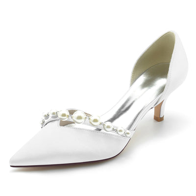 Women's Silk Satin With Pearl Closed Toe Stiletto Heel Wedding Shoes