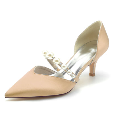 Women's Silk Satin With Pearl Closed Toe Stiletto Heel Party Shoes