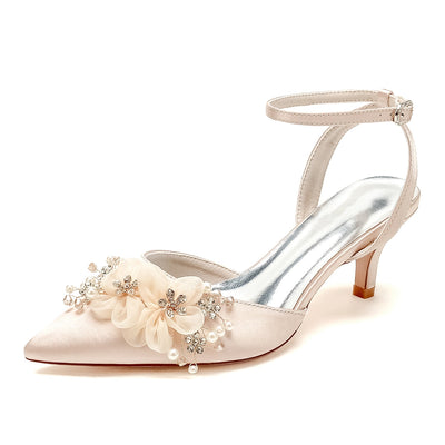 Women's Silk Satin With Flower Closed Toe Ankle Strap Stiletto Heel Party Shoes