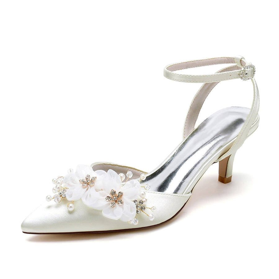 Women's Silk Satin With Flower Closed Toe Ankle Strap Stiletto Heel Party Shoes