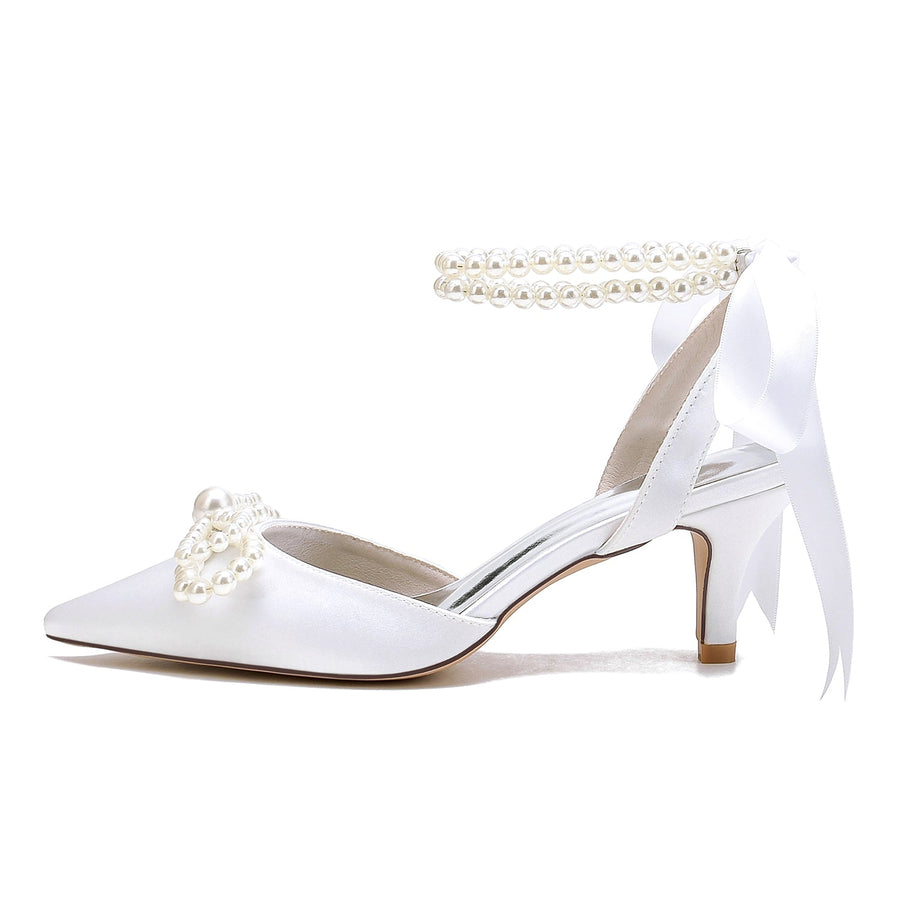 Women's Silk Satin With Ankle Strap Lace-up Pearl Closed Toe Stiletto Heel Wedding Shoes