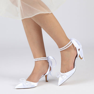 Women's Silk Satin With Ankle Strap Lace-up Pearl Closed Toe Stiletto Heel Wedding Shoes