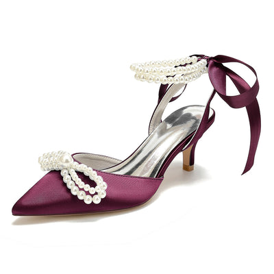 Women's Silk Satin With Ankle Strap Lace-up Pearl Closed Toe Stiletto Heel Wedding Shoes