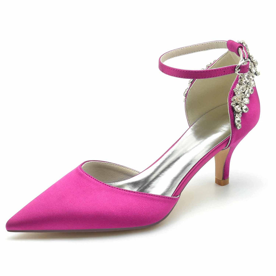 Women's Silk Satin Rhinestone Ankle Strap Closed Toe Stiletto Heel Wedding Shoes