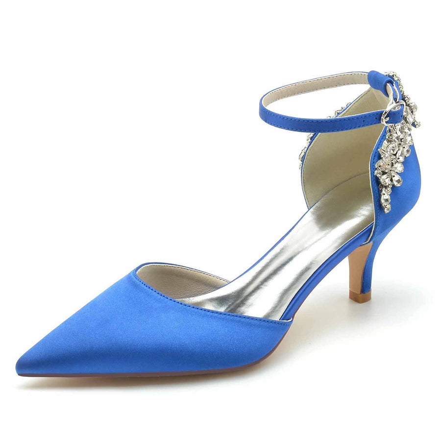 Women's Silk Satin Rhinestone Ankle Strap Closed Toe Stiletto Heel Wedding Shoes