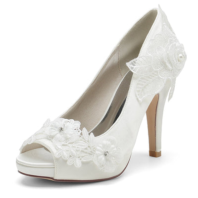 Women's Silk Satin With Flower Peep Toe Stiletto Heel Evening Shoes