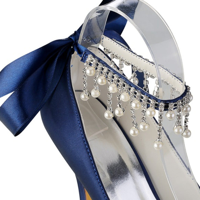 Women's Silk Satin With Ankle Strap Lace-up Rhinestone Tassel Peep Toe Stiletto Heel Wedding Shoes