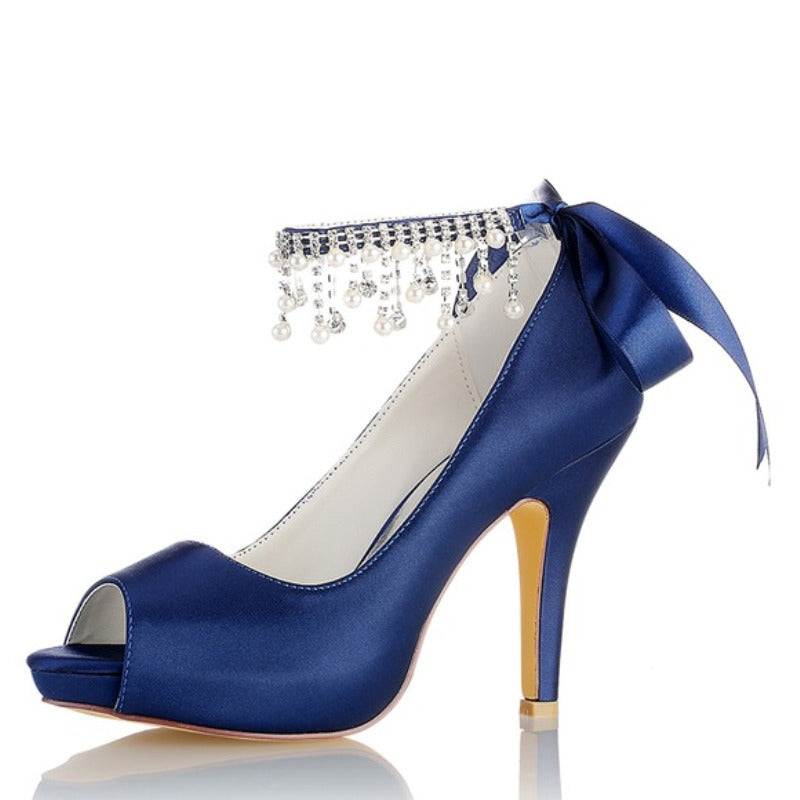 Women's Silk Satin With Ankle Strap Lace-up Rhinestone Tassel Peep Toe Stiletto Heel Wedding Shoes