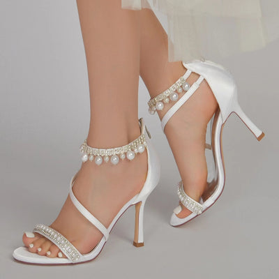 Women's Silk Satin With Ankle Strap Pearl Rhinestone Tassel Peep Toe Stiletto Heel Party Shoes