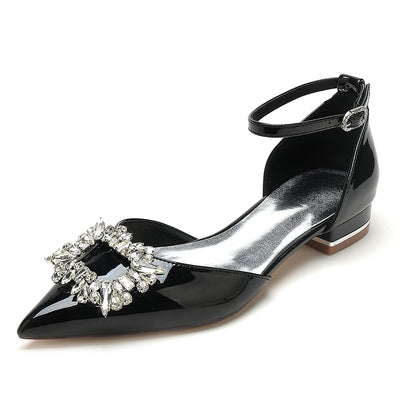 Women's Ankle Strap Patent Leather Mirror Finish With Rhinestone Closed Toe Flat Heel Wedding Shoes