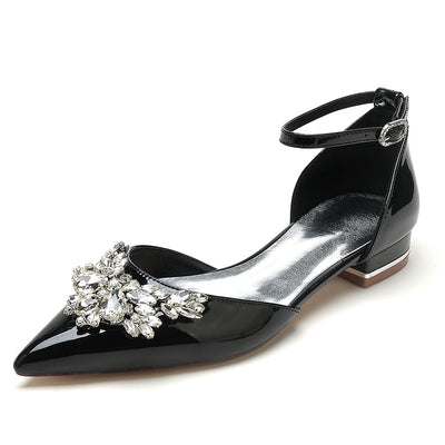 Women's Patent Leather Mirror Finish With Ankle Strap Rhinestone Closed Toe Flat Heel Wedding Shoes