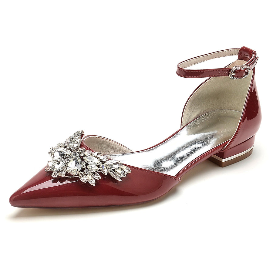 Women's Patent Leather Mirror Finish With Ankle Strap Rhinestone Closed Toe Flat Heel Wedding Shoes