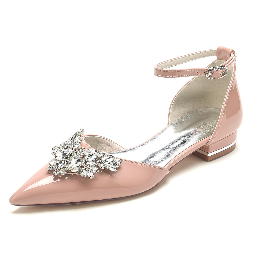 Women's Patent Leather Mirror Finish With Ankle Strap Rhinestone Closed Toe Flat Heel Wedding Shoes