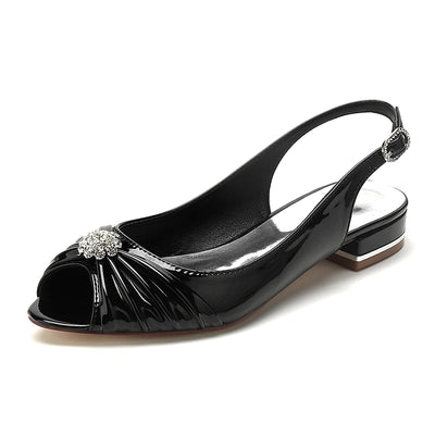 Women's Patent Leather Mirror Finish With Flower Rhinestone Peep Toe Flat Heel Evening Shoes