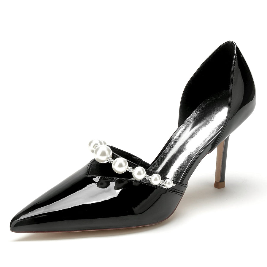 Women's Patent Leather Mirror Finish With Pearl Closed Toe Stiletto Heel Evening Shoes